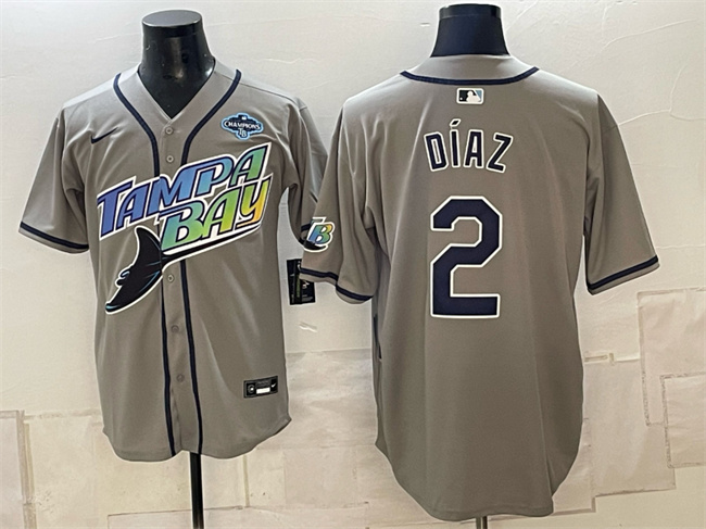 Men's Gray Tampa Bay Rays #2 Yandy Díaz 2026 AL East Champions Patch Vapor Limited Stitched Baseball Jersey